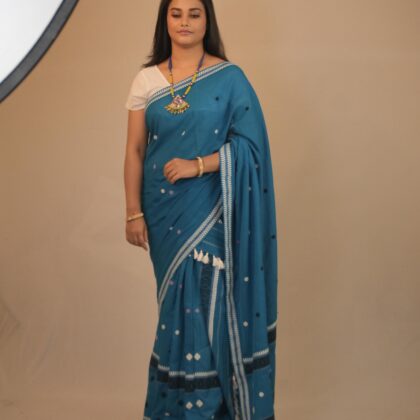Handwoven Teal Blue Cotton Saree with Traditional Motifs