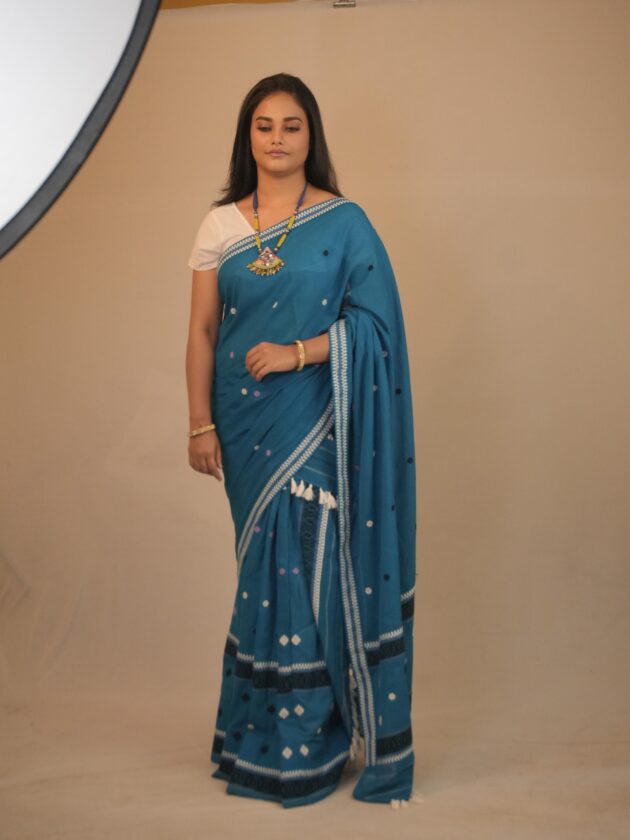 Handwoven Teal Blue Cotton Saree with Traditional Motifs
