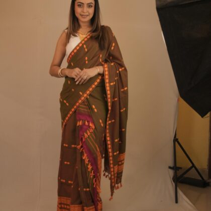 Handloom Olive Green Cotton Saree with Orange Motifs