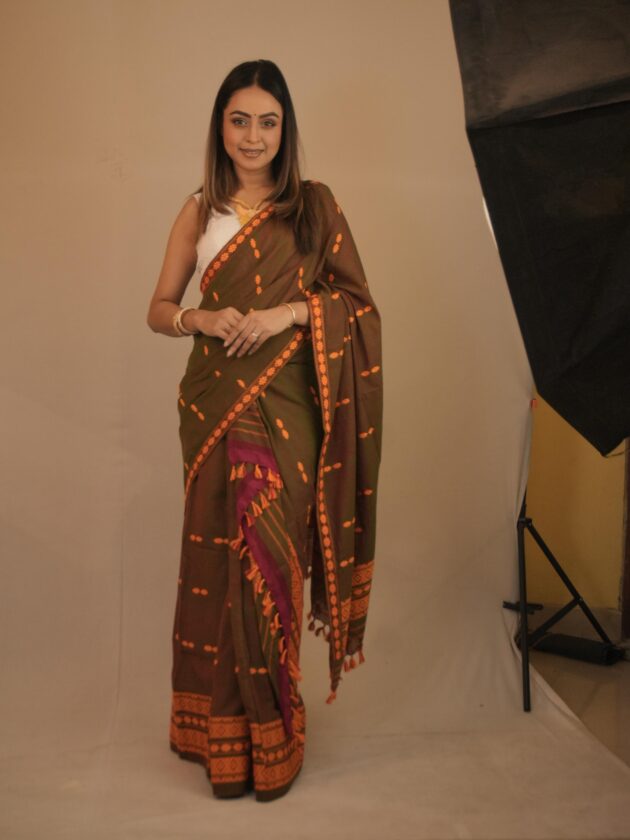 Handloom Olive Green Cotton Saree with Orange Motifs