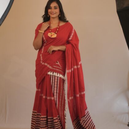 Handwoven Red Cotton Saree with Striped Border