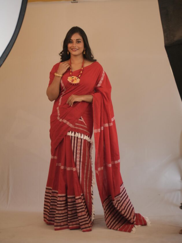 Handwoven Red Cotton Saree with Striped Border