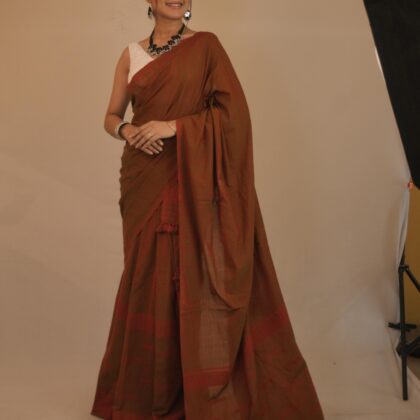 Elegant Handwoven Rust Brown Cotton Saree