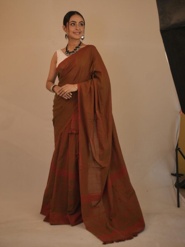 Elegant Handwoven Rust Brown Cotton Saree