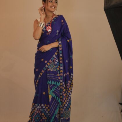 Handwoven Royal Blue Cotton Saree with Multicolor Thread Work