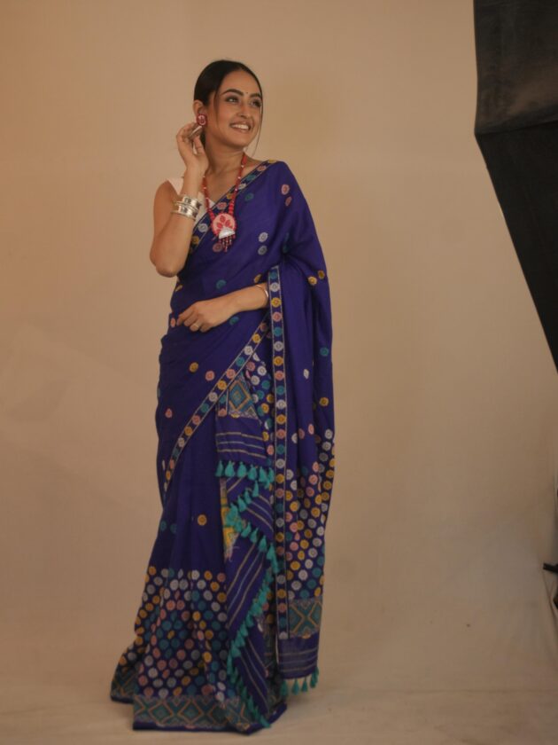 Handwoven Royal Blue Cotton Saree with Multicolor Thread Work