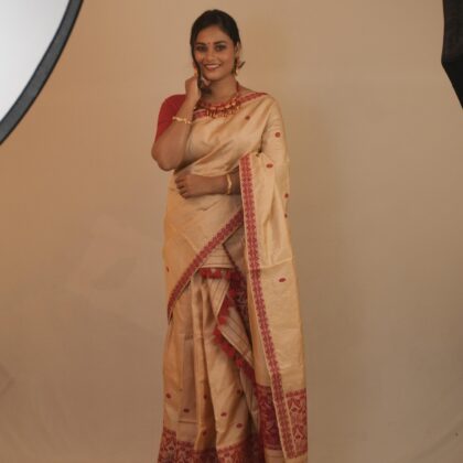 Handwoven Assam Silk Saree with Red Threadwork Border