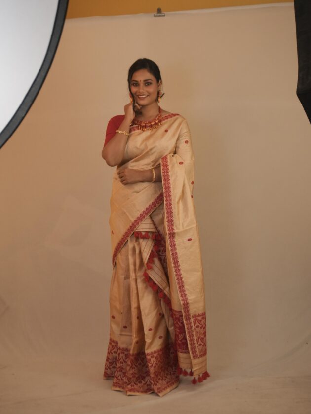 Handwoven Assam Silk Saree with Red Threadwork Border
