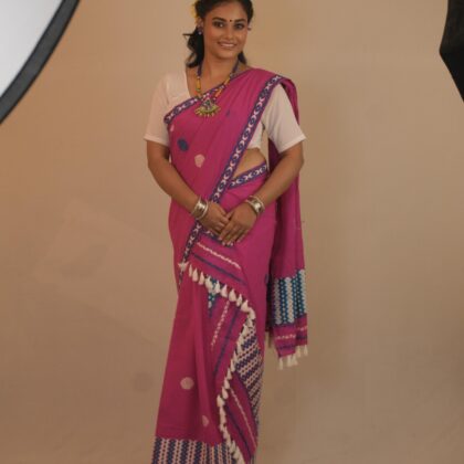 Magenta Handwoven Cotton Saree with Tassel Border