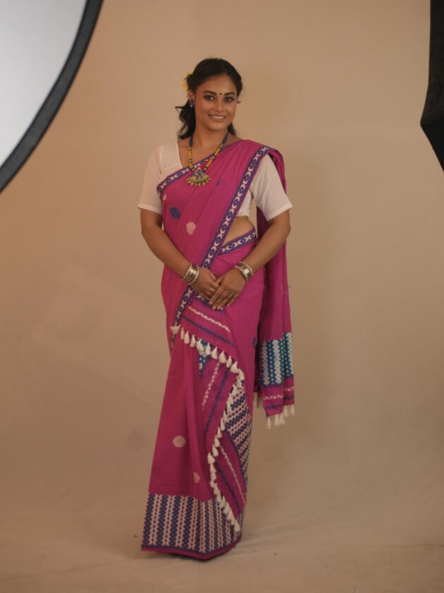 Magenta Handwoven Cotton Saree with Tassel Border