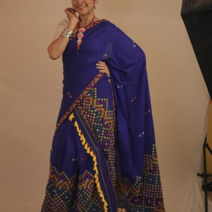Royal Blue Handwoven Cotton Saree with Kutchi Embroidery
