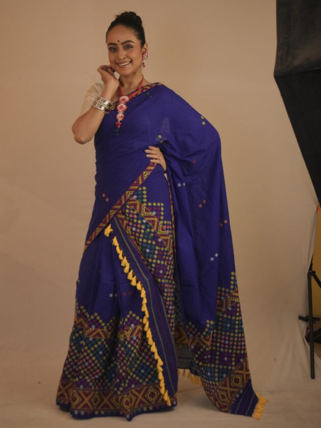 Royal Blue Handwoven Cotton Saree with Kutchi Embroidery
