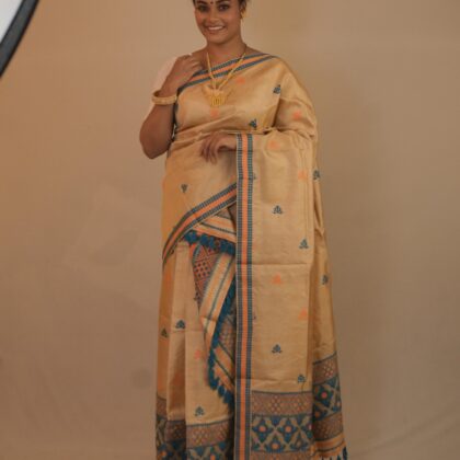 Traditional Handwoven Beige Cotton Saree with Blue & Orange Motifs
