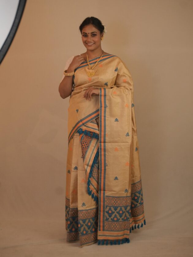 Traditional Handwoven Beige Cotton Saree with Blue & Orange Motifs