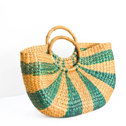 Handwoven Natural Fiber Tote Bag with Circular Handle - Green & Natural Stripe