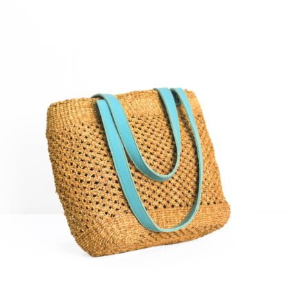 Handwoven Natural Fiber Tote Bag with Blue Straps