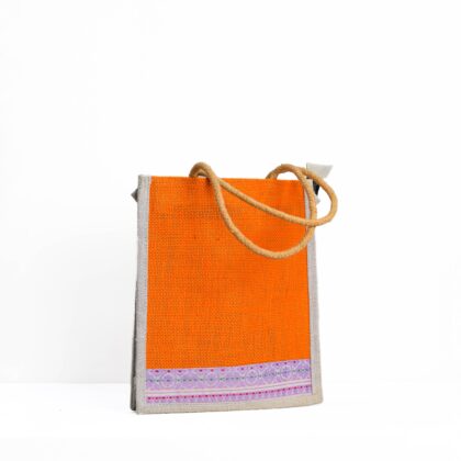 Handcrafted Orange Jute Gift Bag with Decorative Border