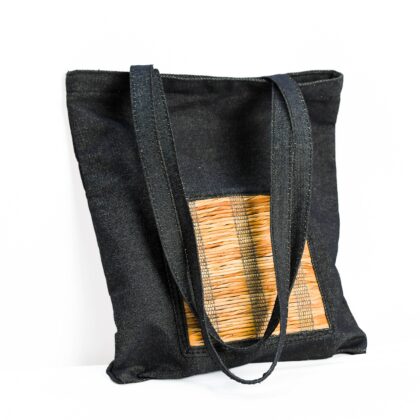 Handcrafted Black Denim Tote Bag with Shitalpati Panel