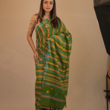Handwoven Green & Gold Striped Cotton Saree