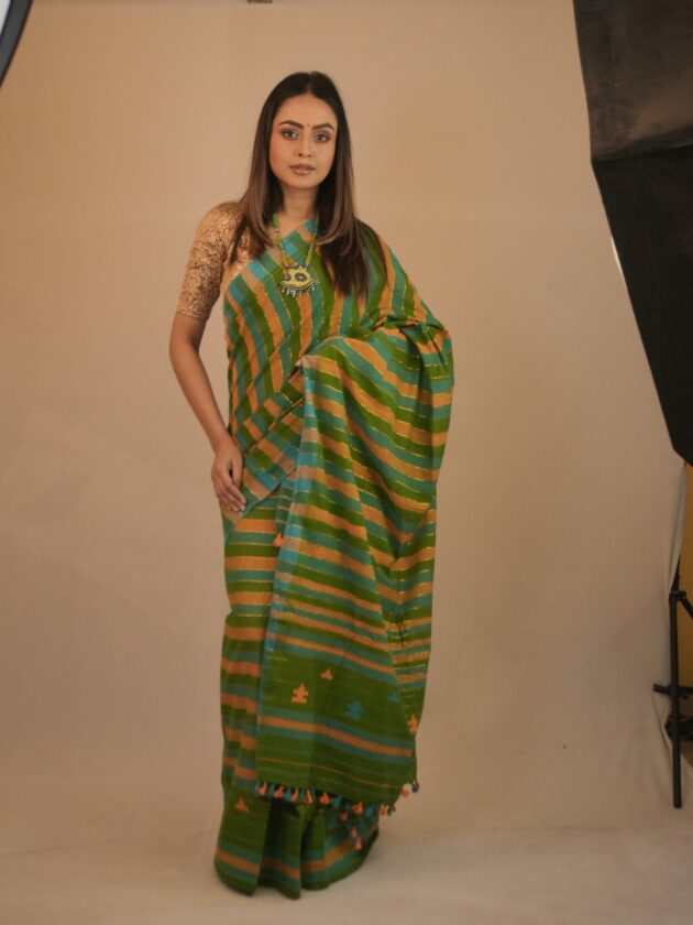 Handwoven Green & Gold Striped Cotton Saree