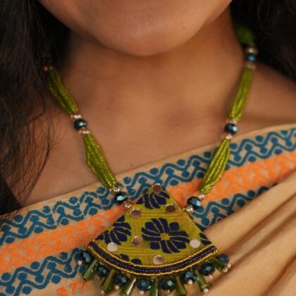 Emerald Fan Handwoven Motif Necklace with Mirror Work & Crystal Fringe