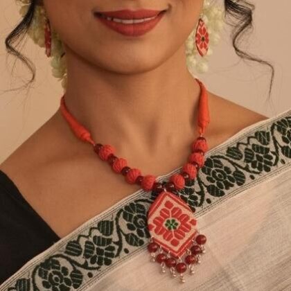Saffron Thread Bead Necklace Set with Gamosa Motif Pendant & Earrings
