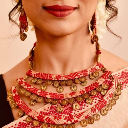 Heritage Coin Layered Necklace Set in Red & Cream Assamese Weave