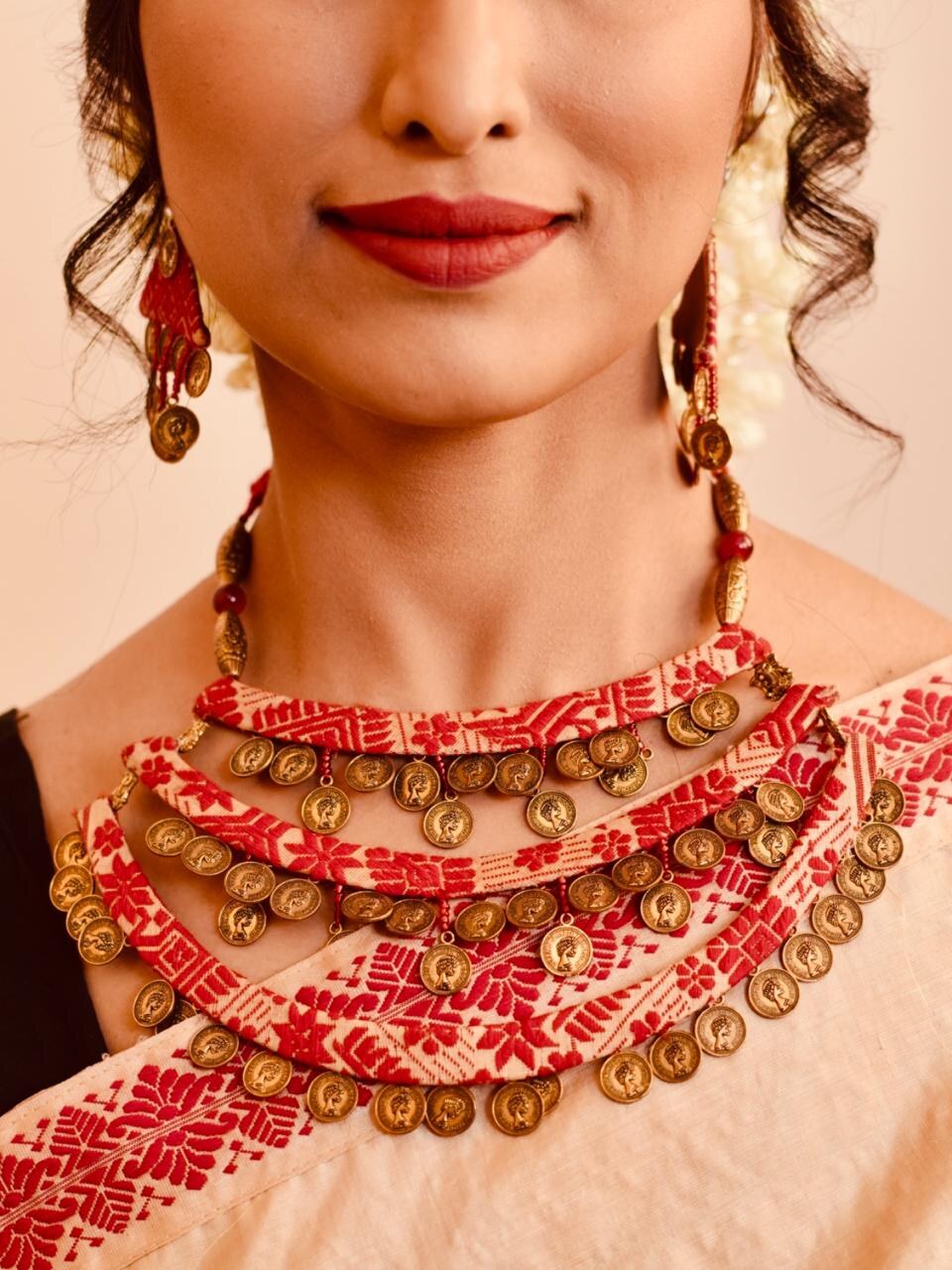 Heritage Coin Layered Necklace Set in Red & Cream Assamese Weave
