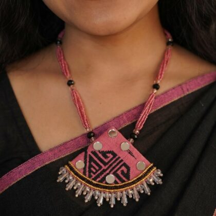 Rose Pink Rabha Motif Fan Pendant Necklace with Mirror Work