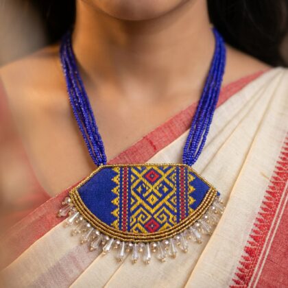 Royal Blue Aronai Motif Pendant Necklace with Crystal Fringe