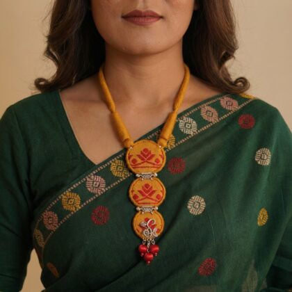 Mustard Gold Triple Disc Gamosa Motif Long Necklace