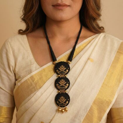 Black & Gold Triple Disc Mekhela Motif Long Necklace