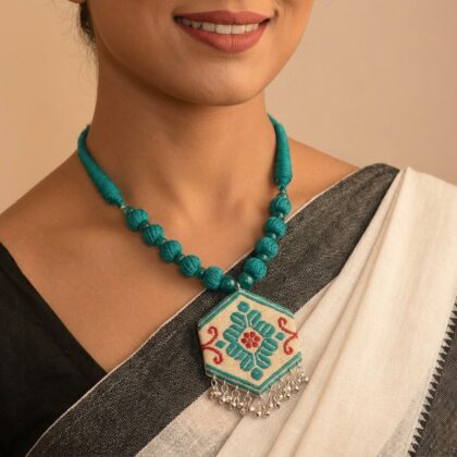 Teal Thread Bead Necklace with Hexagon Motif Pendant & Ghungroo