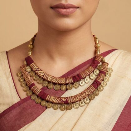 Two-Layer Heritage Coin Necklace in Maroon & Gold Weave