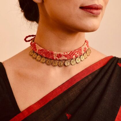 Single Band Coin Choker with Red Gamosa Weave