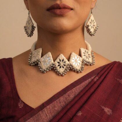 Ivory Mirror Star Choker Set with Silver Ghungroo