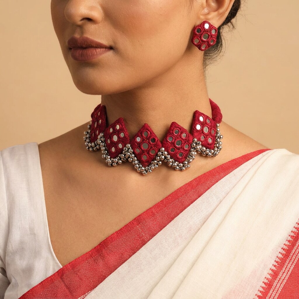 Crimson Mirror Work Diamond Panel Choker Set