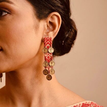 Coin Drop Woven Fabric Earrings in Red & Gold