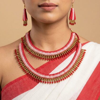 Bihu Festive Layered Necklace Set in Red & White Weave