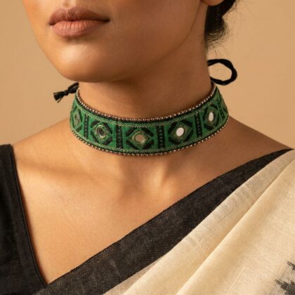 Green Karbi Motif Fabric Choker with Mirror Work
