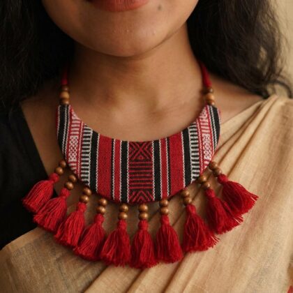 Deuri Pattern Woven Bib Necklace with Wooden Beads