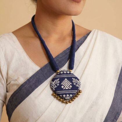 Navy Blue Woven Motif Pendant with Brass Bells