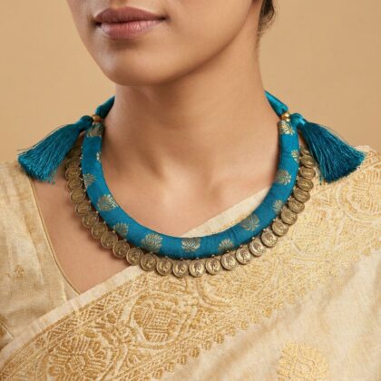 Peacock Blue Coin Tassel Necklace with Woven Band