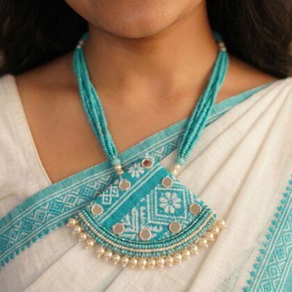 Turquoise Mirror Work Fan Pendant with Pearl Fringe
