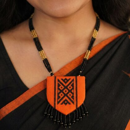 Orange & Black Hajong Motif Pendant Necklace