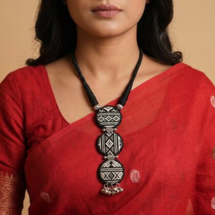 Black & White Triple Disc Long Necklace with Silver Ghungroo