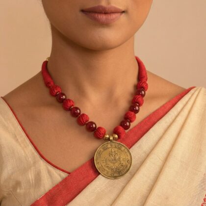 Red Thread Bead Necklace with Antique Coin Pendant