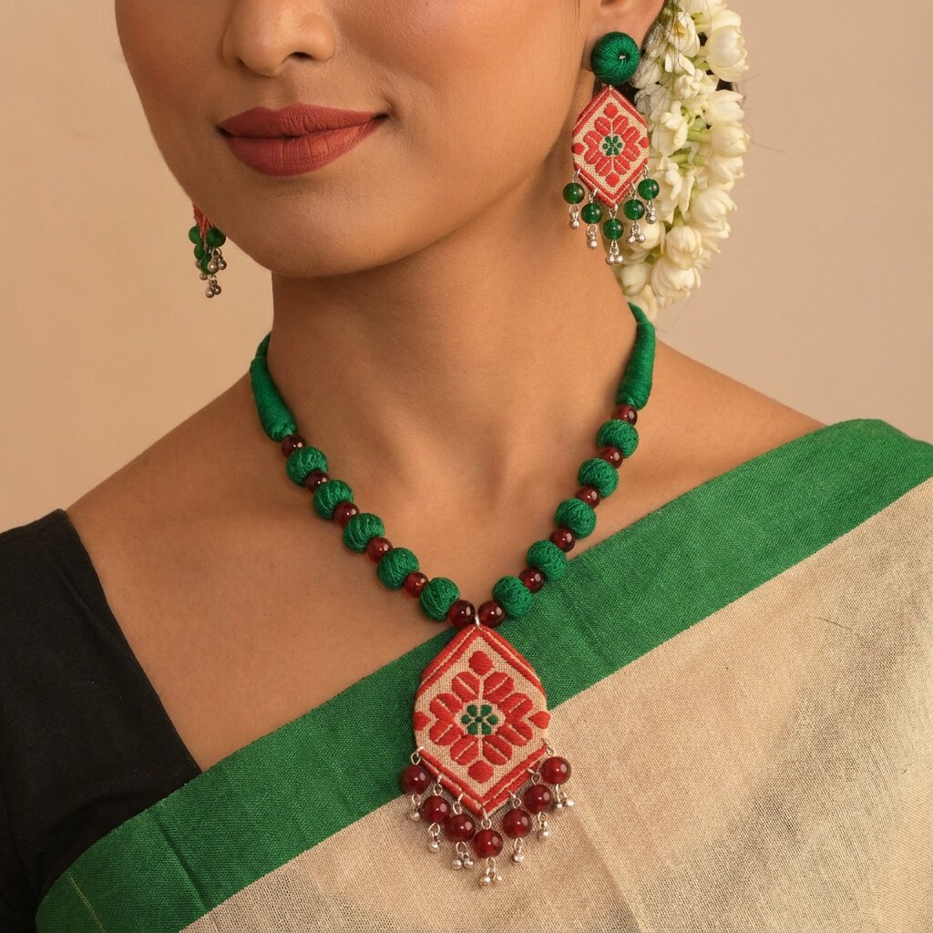 Emerald Thread Bead Necklace Set with Gamosa Motif Pendant