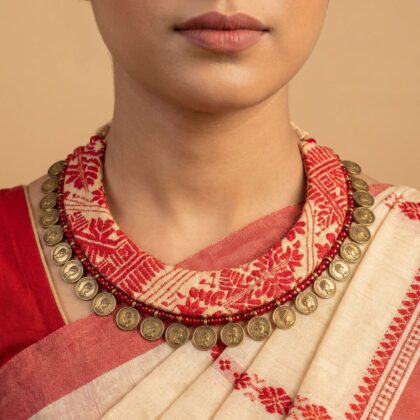 Gamosa Weave Coin Collar Necklace with Red Beads