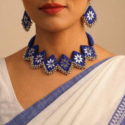 Royal Blue Mirror Star Choker Set with Silver Ghungroo